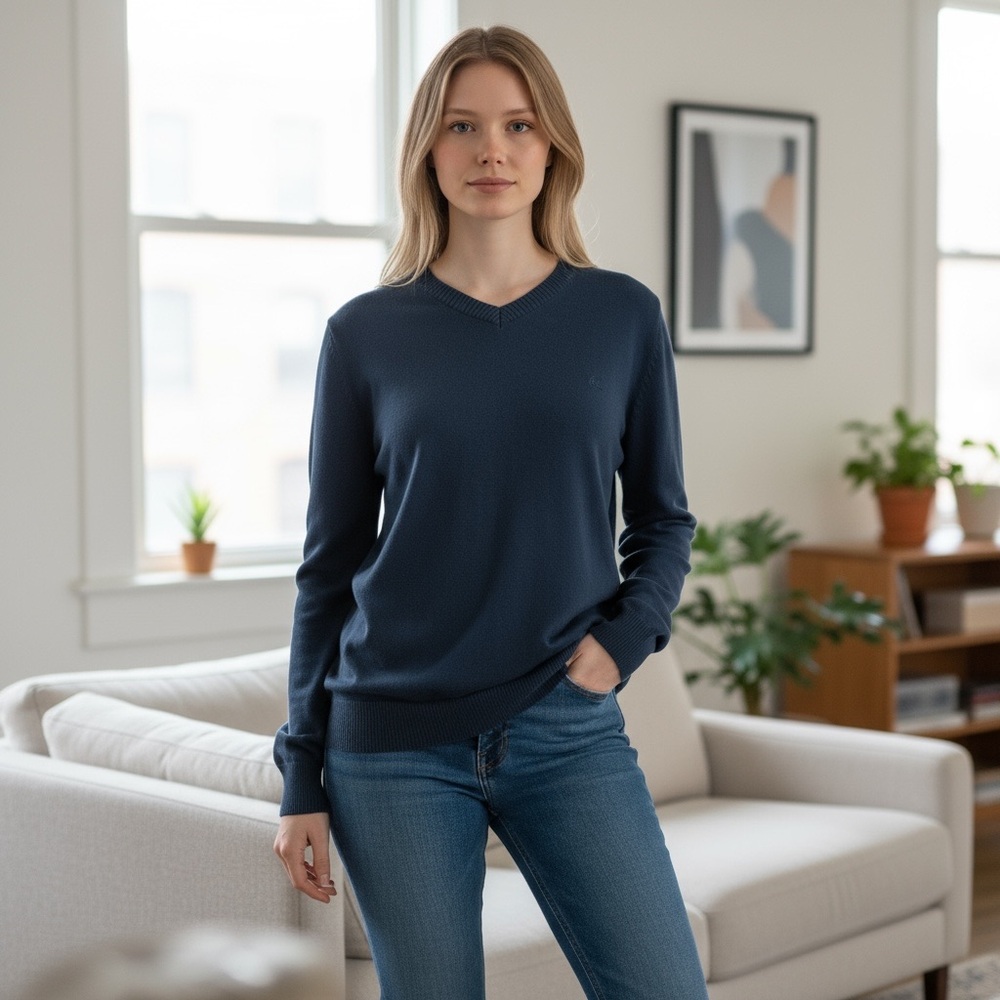 Esprit Teal Blue/Green V-Neck‎ Pullover Sweater Ribbed Bottom M